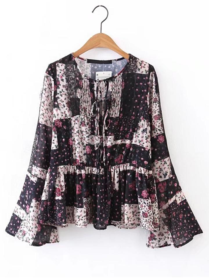 Shein Bell Sleeve Ruffle Hem Lace Up Blouse