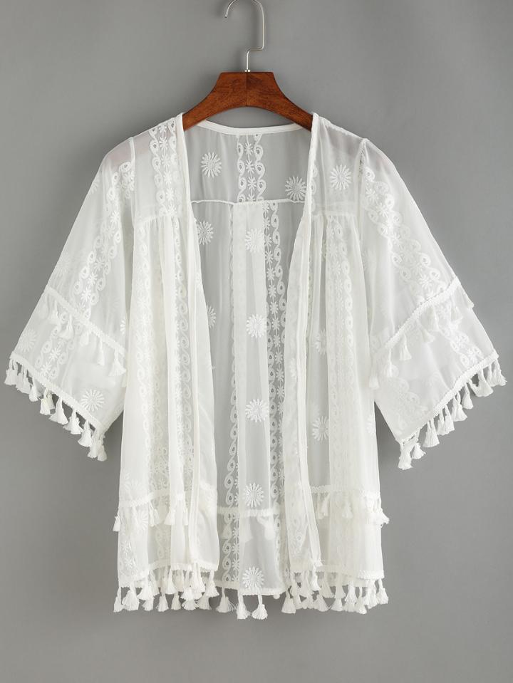 Shein Tasel Trimed Embroidery Cover-up Blouse