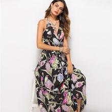 Shein Floral Print Frill Deep V Neck Dress