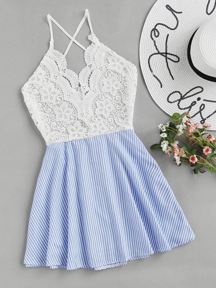 Shein Open Back Criss Cross Striped Lace Panel Dress