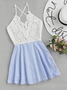 Shein Open Back Criss Cross Striped Lace Panel Dress