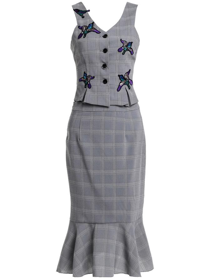 Shein V Neck Bird Embroidered Top With Ruffle Skirt