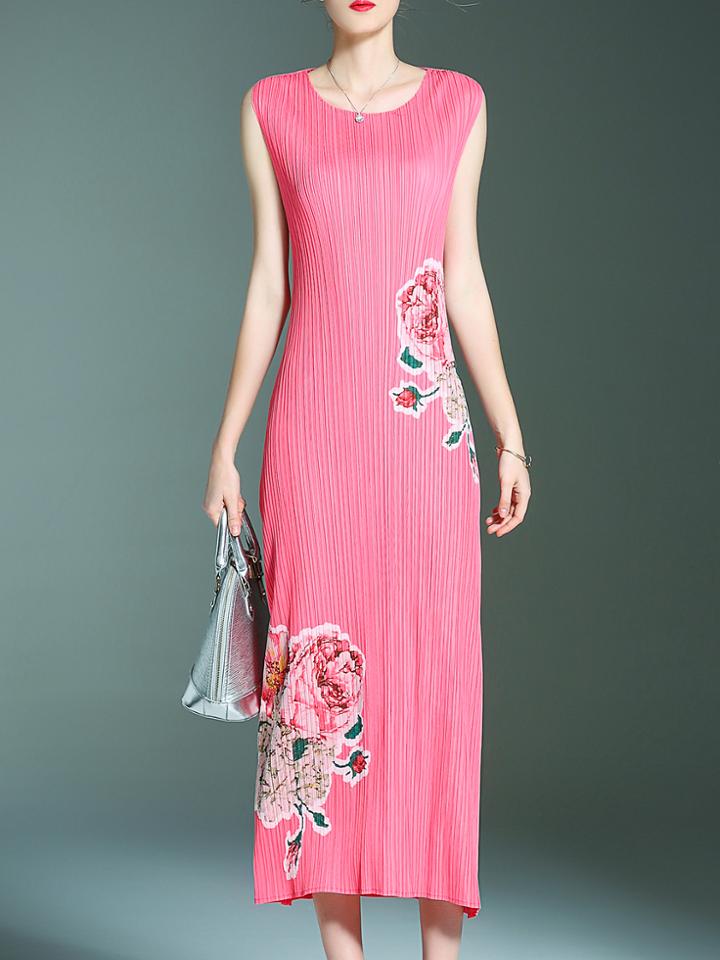 Shein Pink Pleated Elastic Flowers Print Dresss