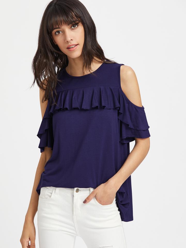 Shein Open Shoulder Ruffle Trim Boxy Tee