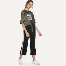 Shein Letter Print Ruffle Top & Stripe Contrast Pants