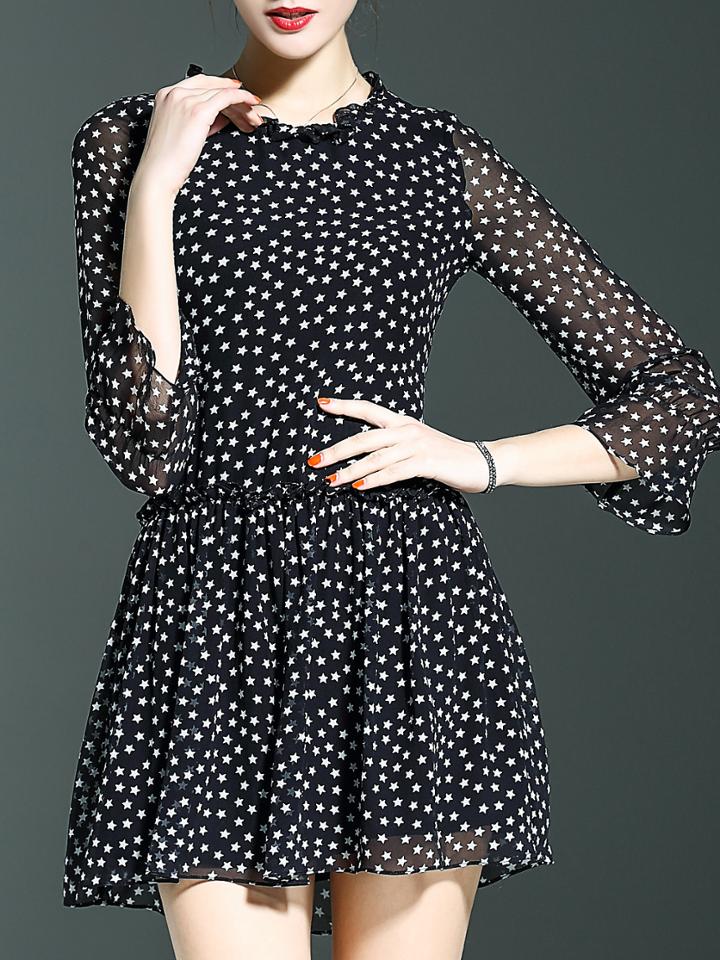 Shein Black Ruffle Neck Bell Sleeve Stars Dress