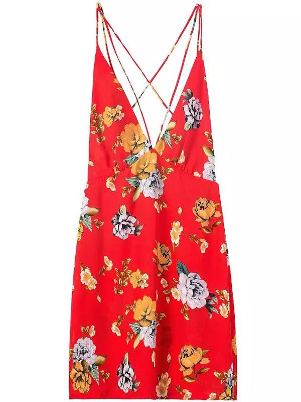 Shein Deep V Neck Hibiscus Florals Crisscross Back Dress