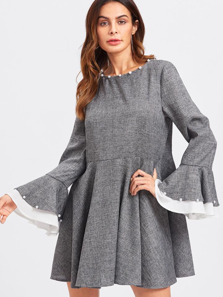 Shein Pearl Beading Contrast Trim Bell Cuff Dress