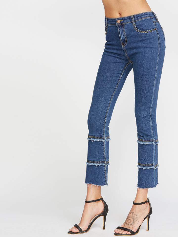 Shein Blue Frayed Tiered Raw Hem Jeans