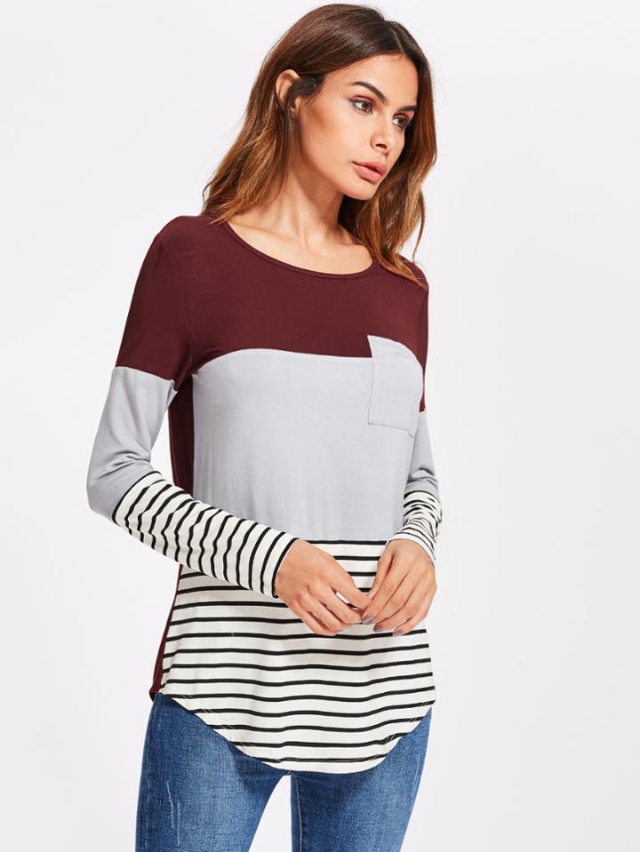 Shein Pocket Front Cut And Sew Curve Hem Tee