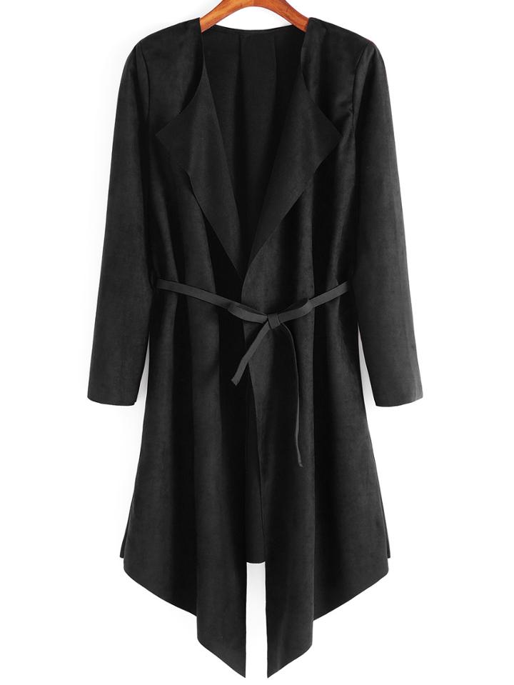 Shein Drape Front Belt Suede Coat