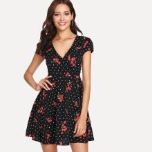 Shein Wrap Front Cherry & Polka Dot Print Dress