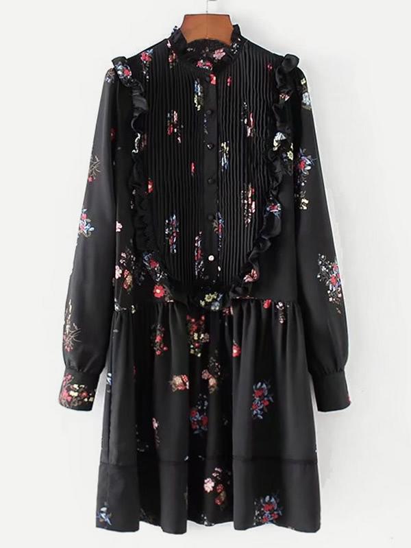 Shein Pleated Detail Ruffle Trim Floral Dress