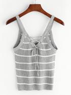 Shein Striped Double V Neck Lace Up Knit Cami Top