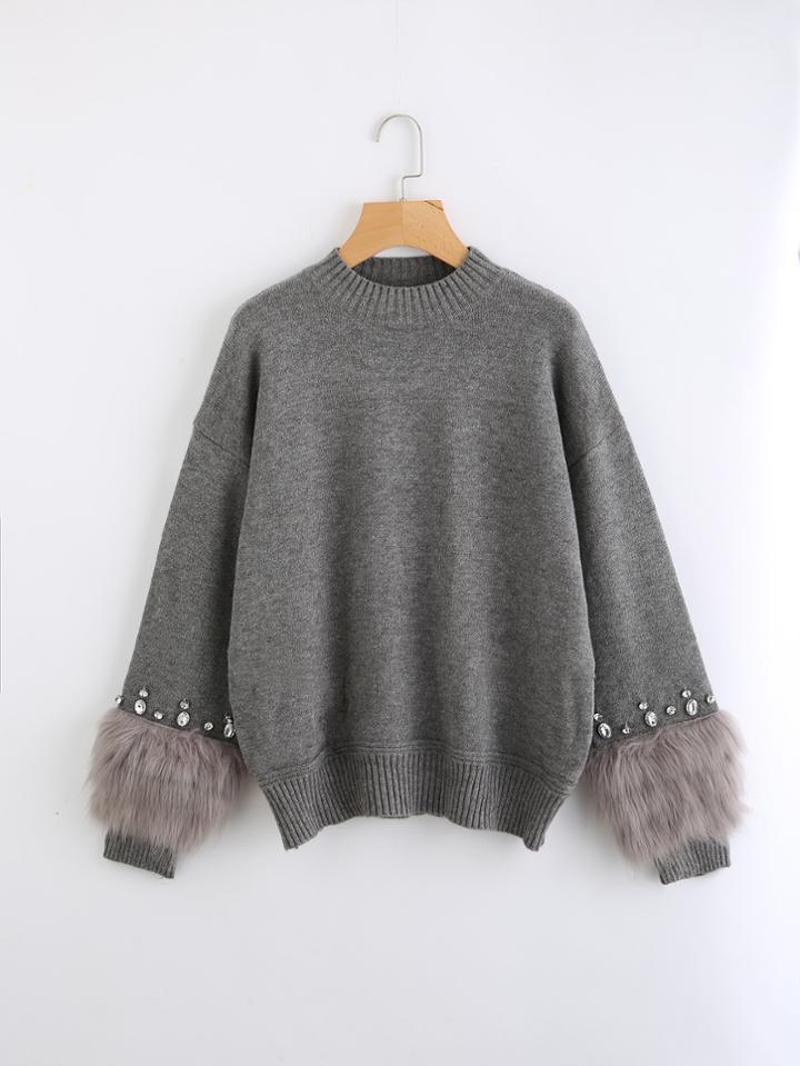 Shein Rhinestone Ans Faux Fur Embellished Cuff Jumper