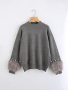 Shein Rhinestone Ans Faux Fur Embellished Cuff Jumper