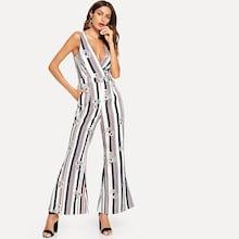 Shein Stripe & Flower Print Wrap Jumpsuit