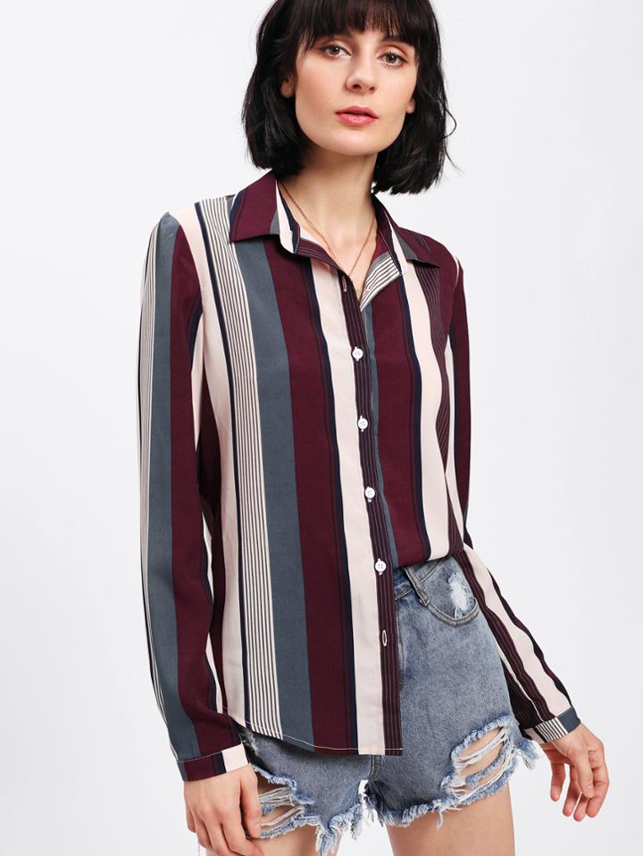 Shein Vertical Striped Curved Hem Shirt