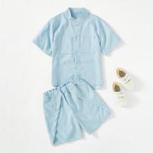 Shein Boys Striped Button Decoration Shirt With Shorts