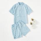 Shein Boys Striped Button Decoration Shirt With Shorts