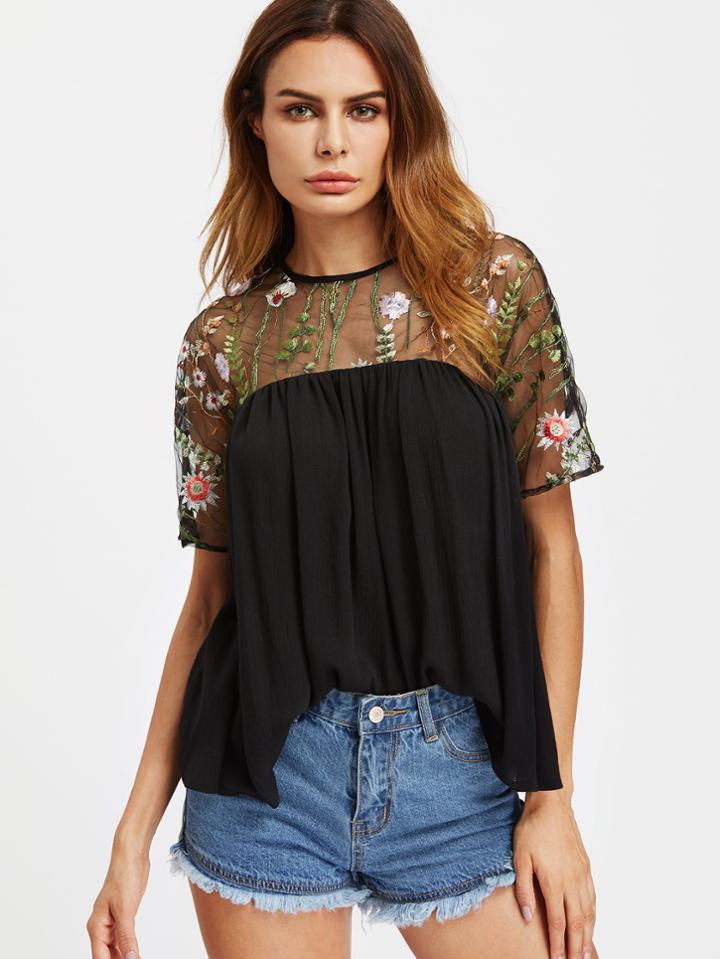 Shein Embroidered Mesh Shoulder Buttoned Keyhole Back Smock Top