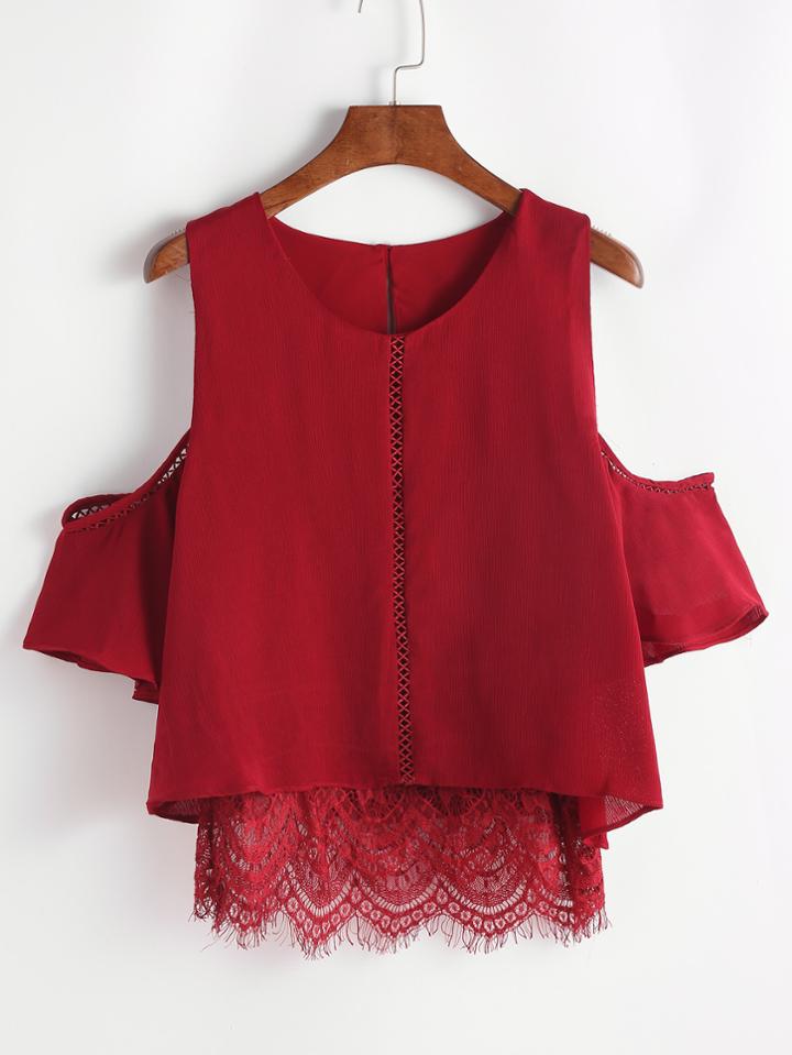 Shein Open Shoulder Eyelash Lace Trim Keyhole Back Top