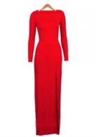 Rosewe Catching Long Sleeve Shirred Waist Slit Red Dress