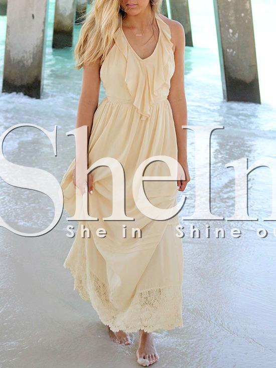 Shein Apricot Ruffel V Neck Lace Hem Backless Halter Maxi Dress