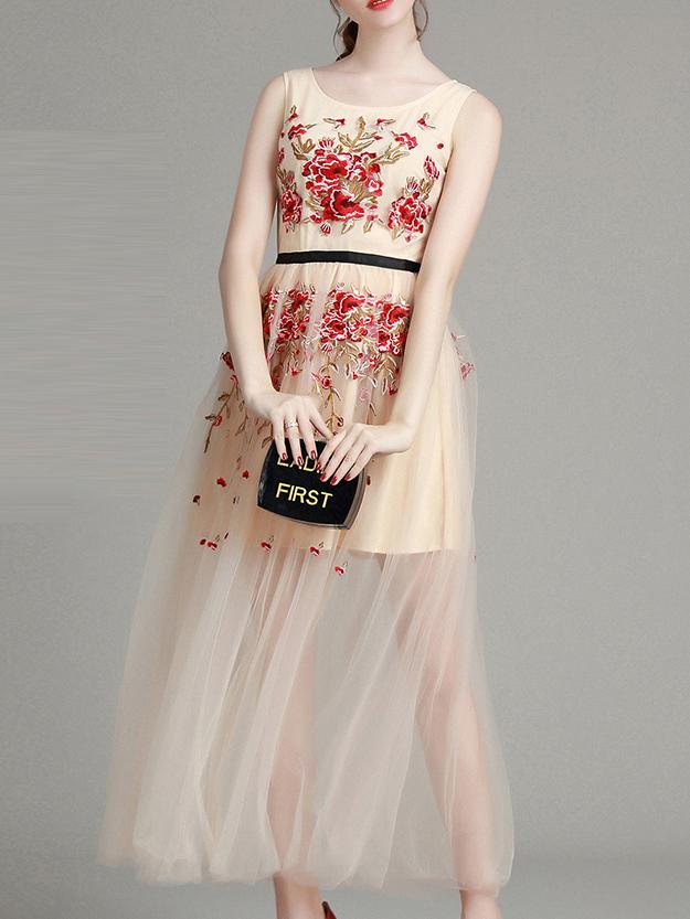 Shein Apricot Gauze Embroidered Sheer Midi Dress
