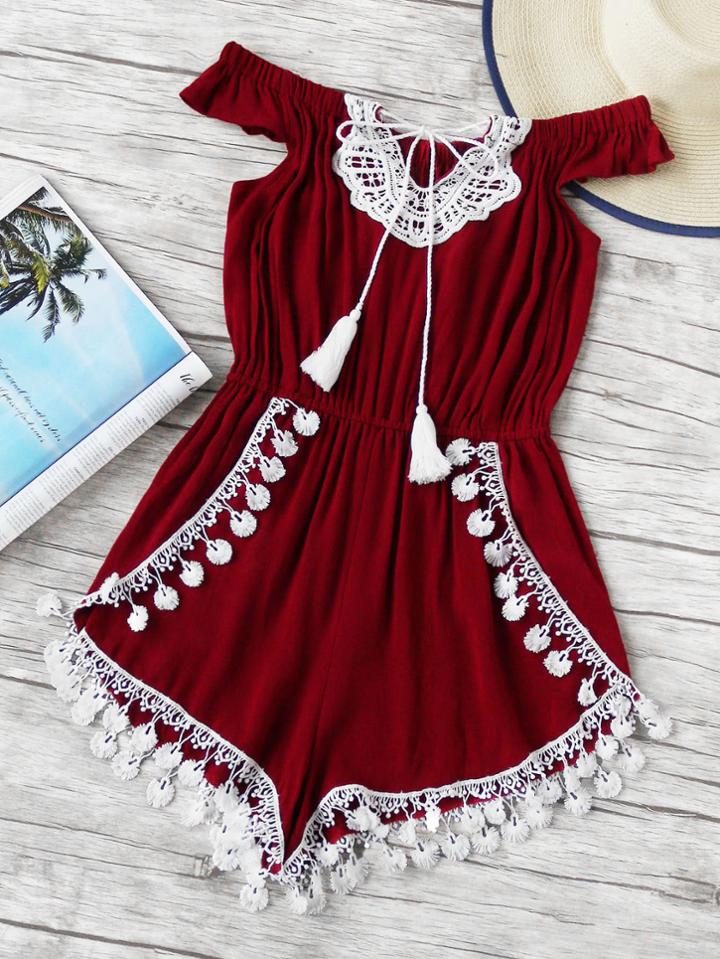 Shein Off Shoulder Lace Trim Self Tie Neck Romper