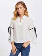 Shein V Placket Bow Tie Fluted Sleeve Blouse