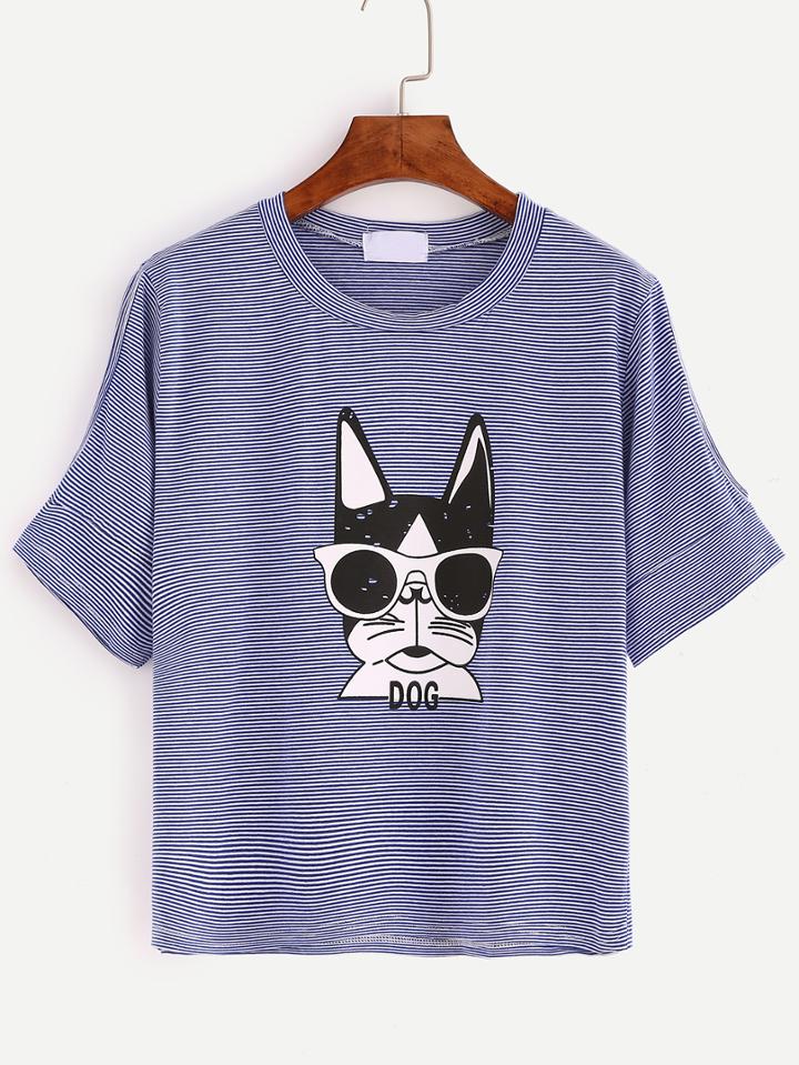 Shein Cutout Shoulder Dog Print Blue Striped T-shirt