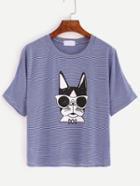 Shein Cutout Shoulder Dog Print Blue Striped T-shirt