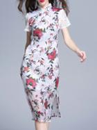 Shein White Collar Contrast Lace Print Split Dress