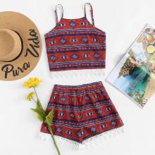 Shein Geo Print Overlap Back Cami Top With Shorts