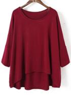 Shein Burgundy Bat Sleeve Dip Hem T-shirt