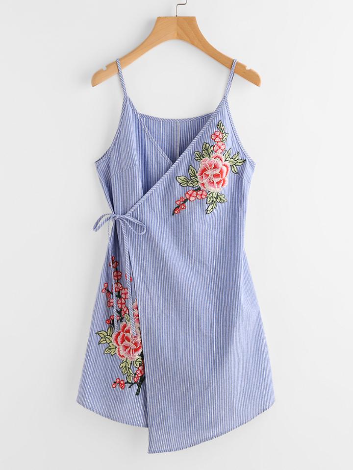 Shein Embroidered Flower Applique Pinstripe Asymmetric Wrap Dress