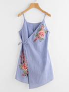 Shein Embroidered Flower Applique Pinstripe Asymmetric Wrap Dress