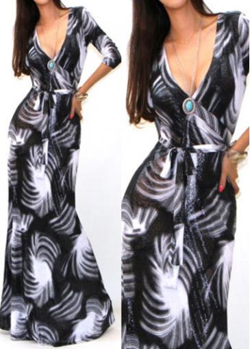 Rosewe Plunging Neck High Waist Printed Maxi Dress