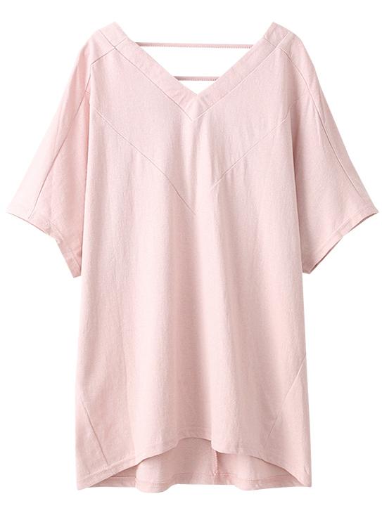Shein Pink V Neck Cut Out Back Loose T-shirt