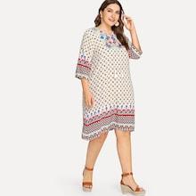 Shein Plus Embroidered Yoke Geo Print Tunic Dress