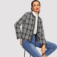 Shein Pearls Beaded Tweed Coat