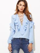 Shein Blue Lace Up Plunge Neck Ruffle Blouse