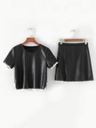 Shein Contrast Crochet Trim Pu Top With Skirt