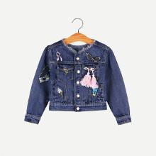 Shein Girls Cartoon Embroidery Fringe Detail Raw Hem Denim Jacket