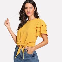 Shein Layered Ruffle Sleeve Knot Hem Top