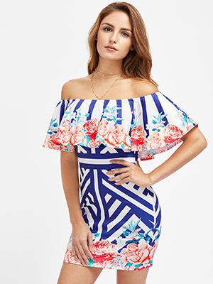 Shein Mixed Stripe And Flower Print Frill Bardot Dress