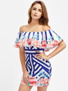 Shein Mixed Stripe And Flower Print Frill Bardot Dress