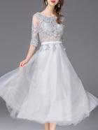 Shein Grey Sheer Gauze Embroidered A-line Dress