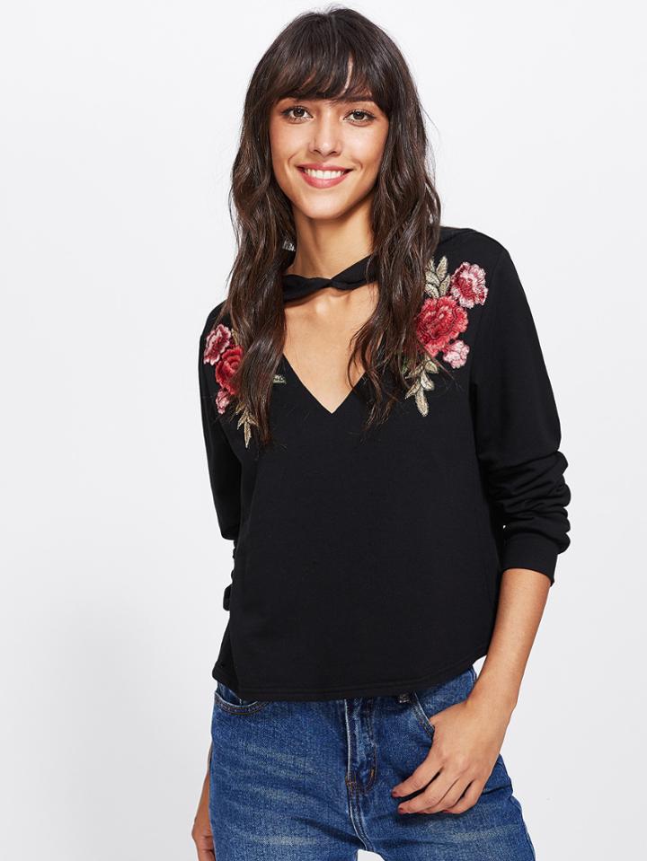 Shein Rose Patch V-cutout Hoodie
